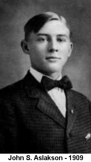 IMAGE/PHOTO: John S. Aslakson - 1909: Black and white studuo portrait photo of a teen-aged boy, dark hair parted on the left, and wearing a heavy suit jacket and large bow tie.